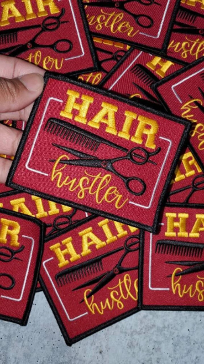 "Hair Hustler" 4" Maroon Stylist Badge, Iron-on Merit Badge, Embroidered, DIY, Great for Women & Men Stylists/Barbers,